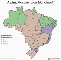 Pode ser uma imagem de mapa e texto que diz "Aipim, Macaxeira ou Mandioca? RR AM PA AC CE RO RN PB TO MT AL SE Maior Maiorinteresse interesse de pesquisa por: BA CO Aipim Macaxeira Mandioca MS MG PR SC RS Fonte: Google Trends, Fonte:CoogleTrends,2004@2022 2004 2022 mapa.tematico"